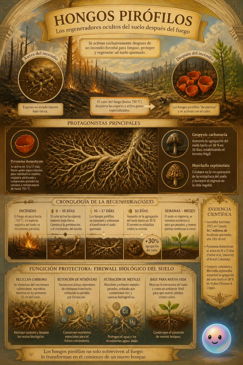 El calor de los incendios forestales activa a los hongos pirófilos para sanar la tierra.