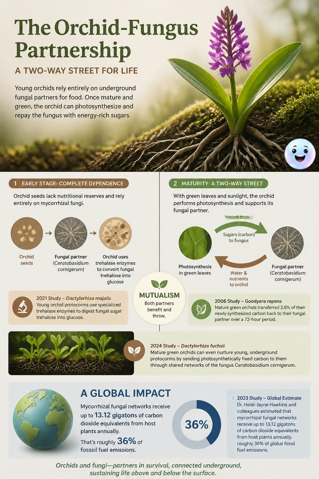 Orchids repay their underground fungal helpers with homemade sugars once they grow green leaves.
