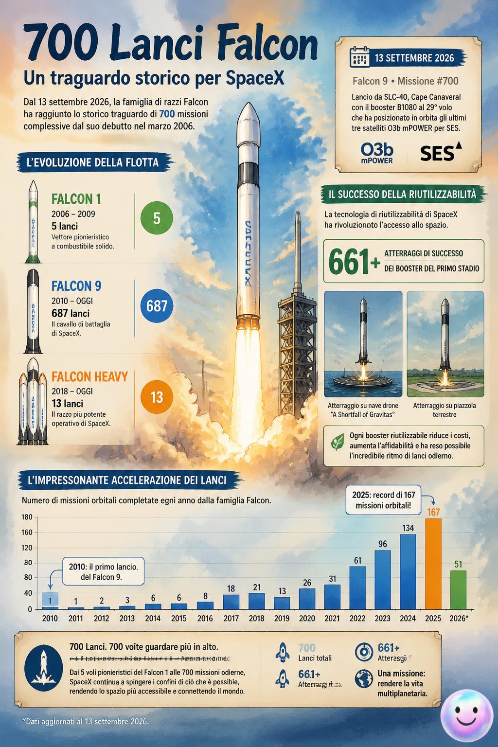 La famiglia di razzi Falcon di SpaceX conquista lo spazio con 700 lanci dal 2006.