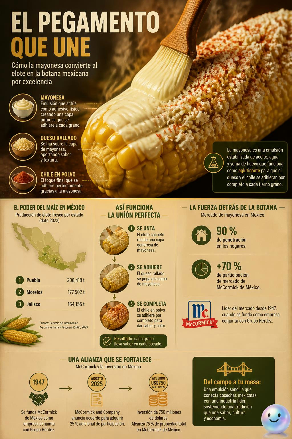 La clásica mayonesa funciona como el pegamento tradicional que sostiene el queso y el chile