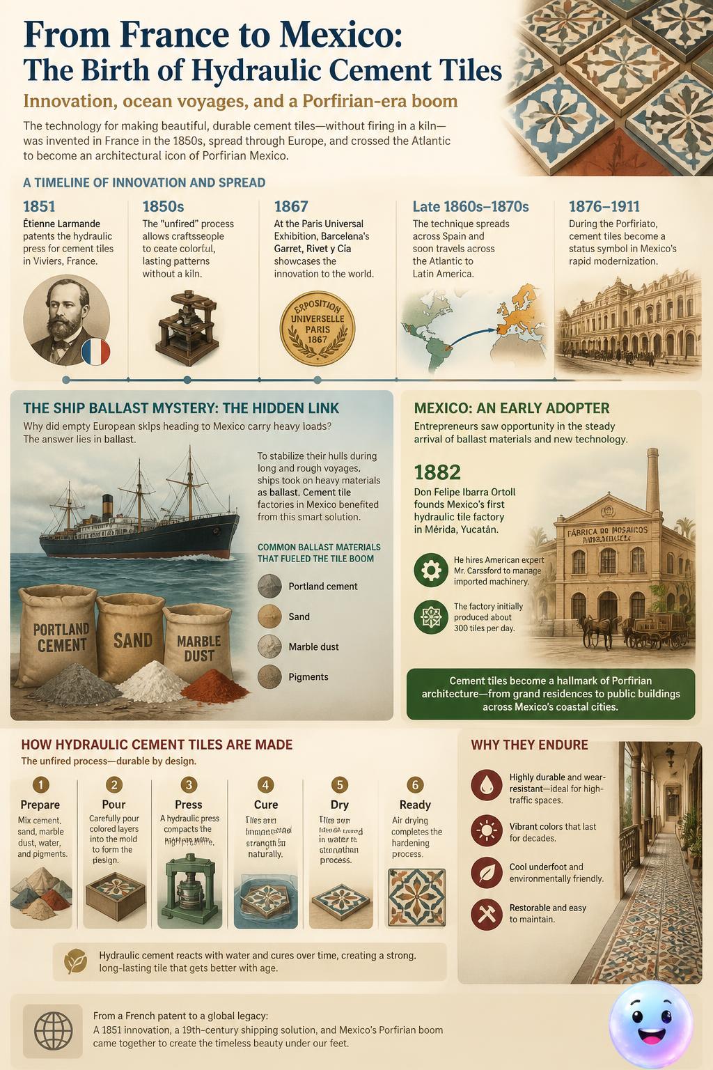 French makers patented these durable, unfired tiles in the 1850s before they reached Mexico.