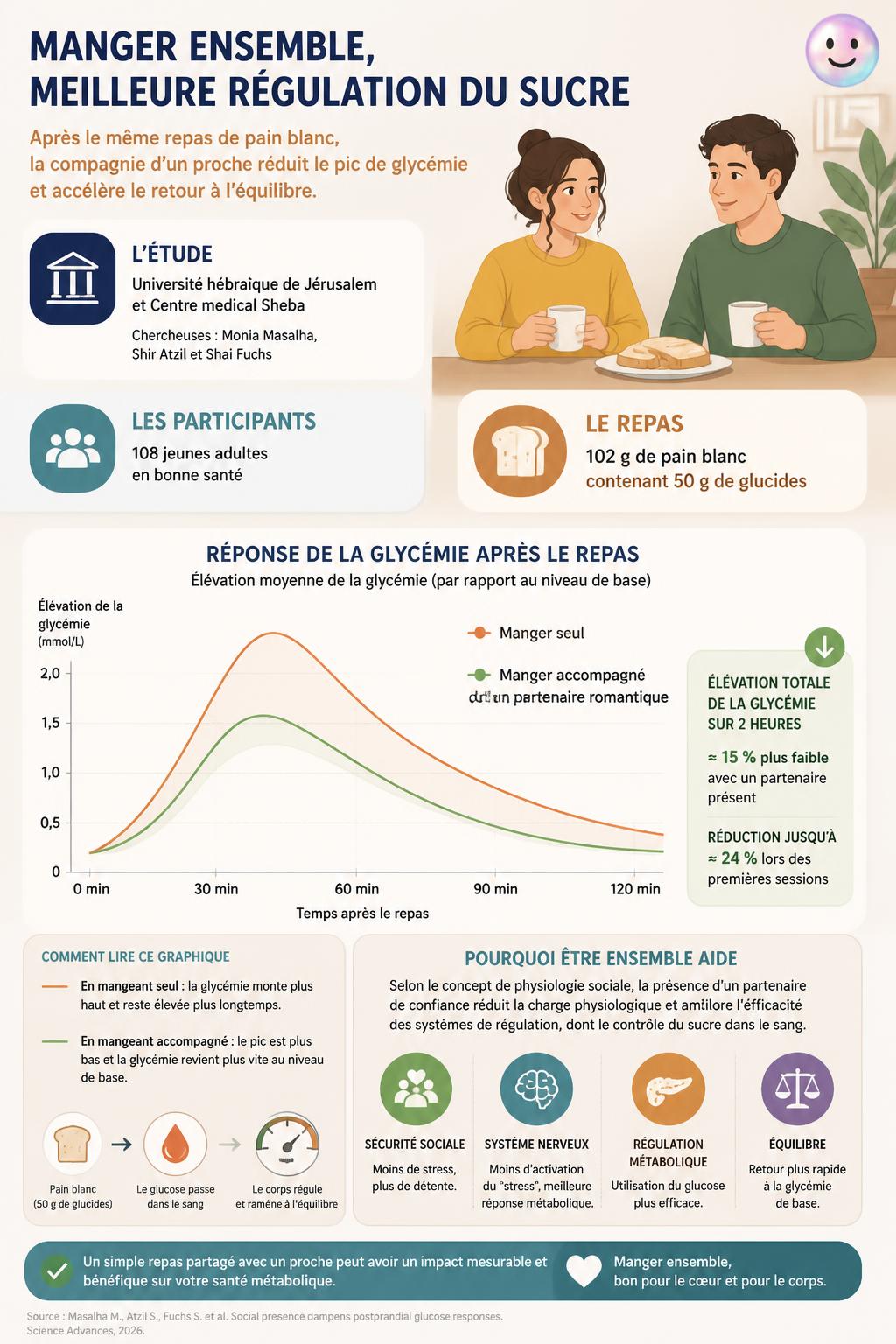 Une étude de 2026 révèle que manger accompagné diminue notre taux de sucre sanguin.