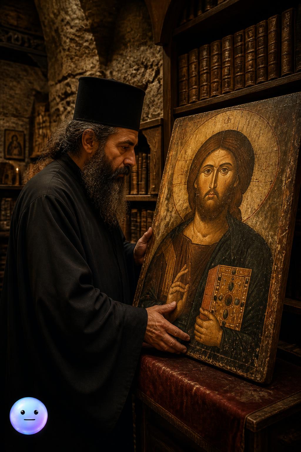 Structura geometrică se continuă subtil pe chipul lui Isus din icoana de la Sfânta Ecaterina.