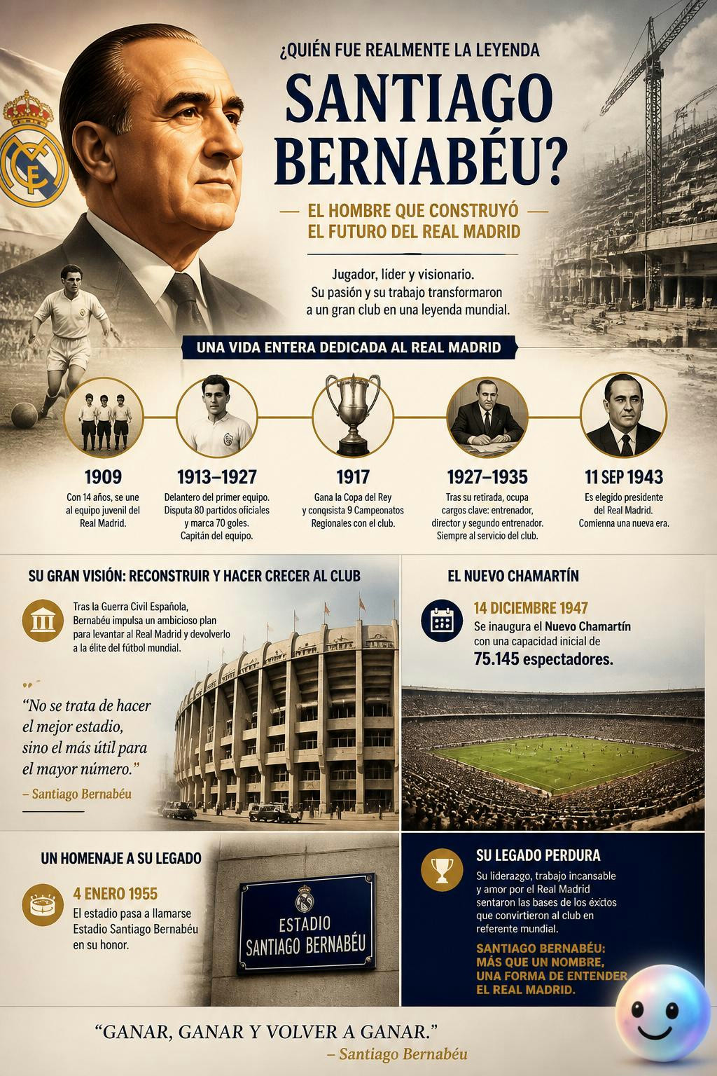 Bernabéu tuvo que limpiar el campo y vender entradas antes de hacerlo gigante.