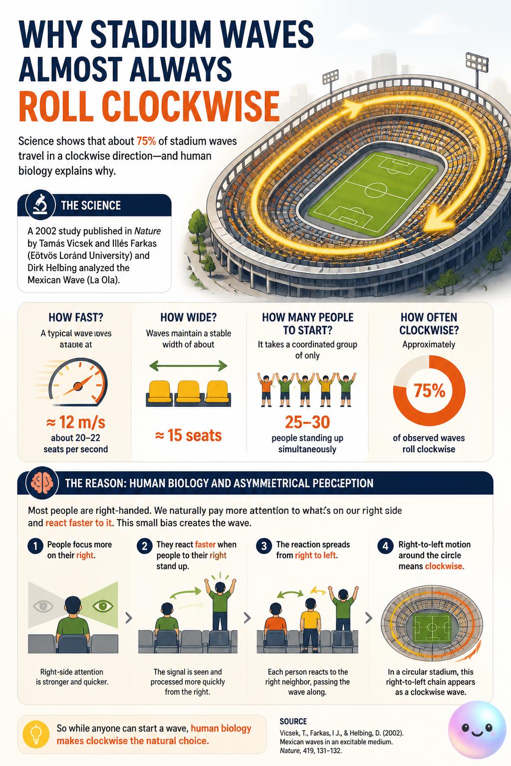 Why stadium waves almost always roll clockwise