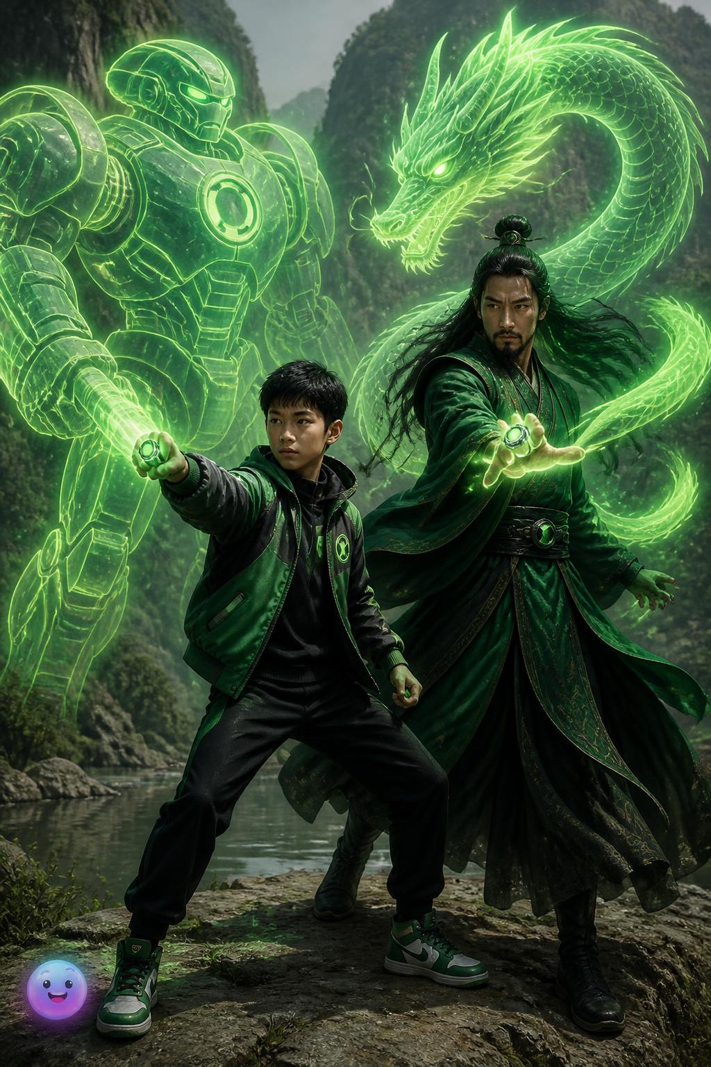 Green Lanterns like Tai Pham and Jong Li project power constructs shaped by their heritage.