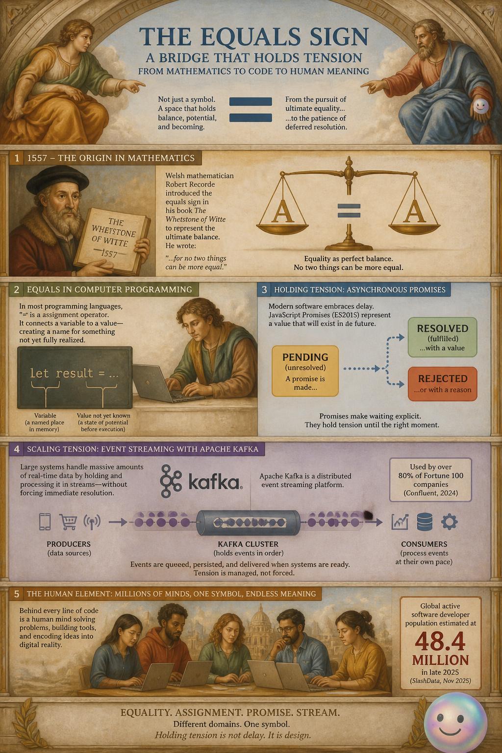 Robert Recorde's mathematical invention inspires a poetic software architecture metaphor for balance.