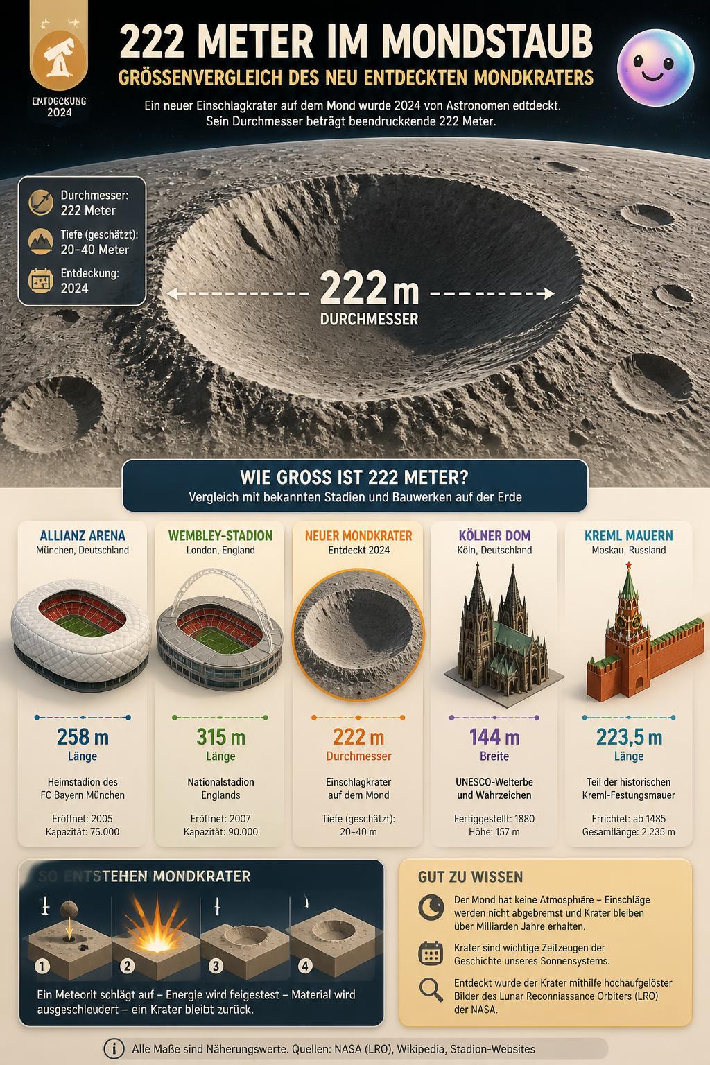 Ein frisch entdeckter Riesenkrater auf dem Mond ist stolze 222 Meter breit.