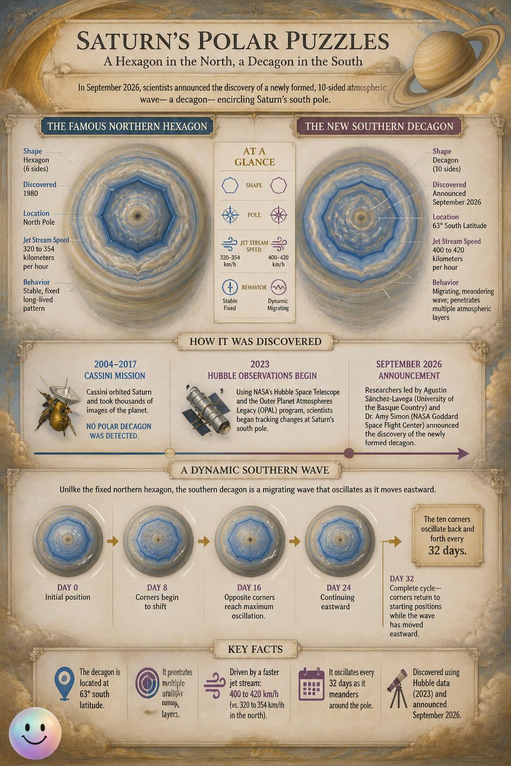Saturn's atmosphere naturally shapes polar winds into giant geometric patterns.