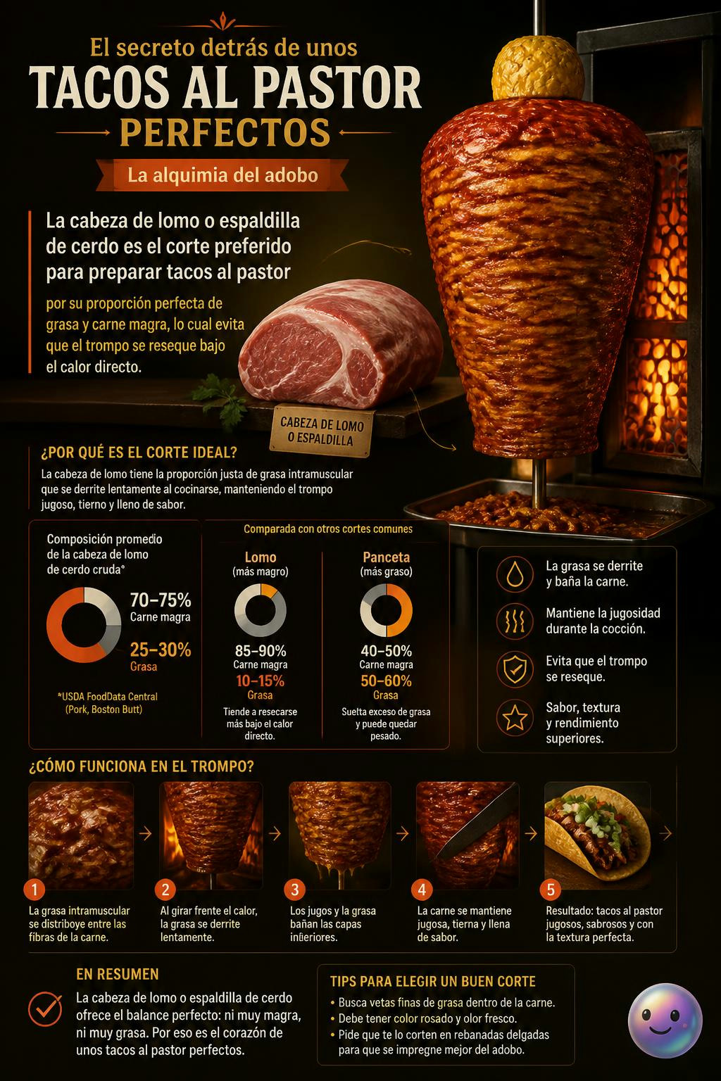 El trompo al pastor no se reseca gracias a la grasa exacta de la espaldilla.