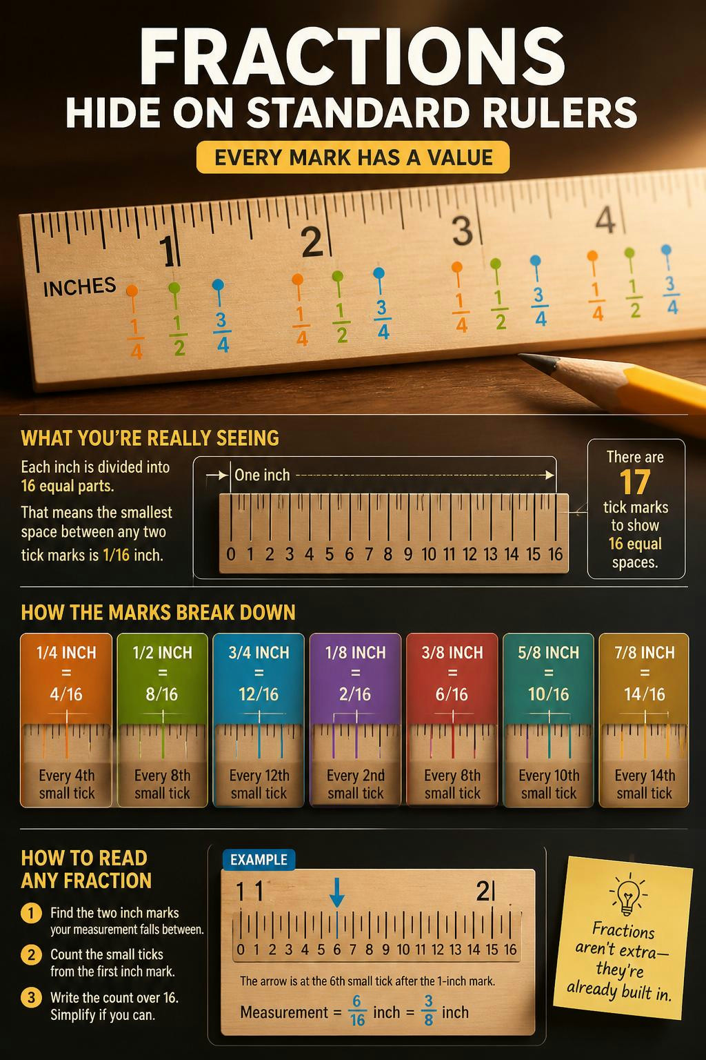 Ruler line heights are actually a built-in visual code for fractions.