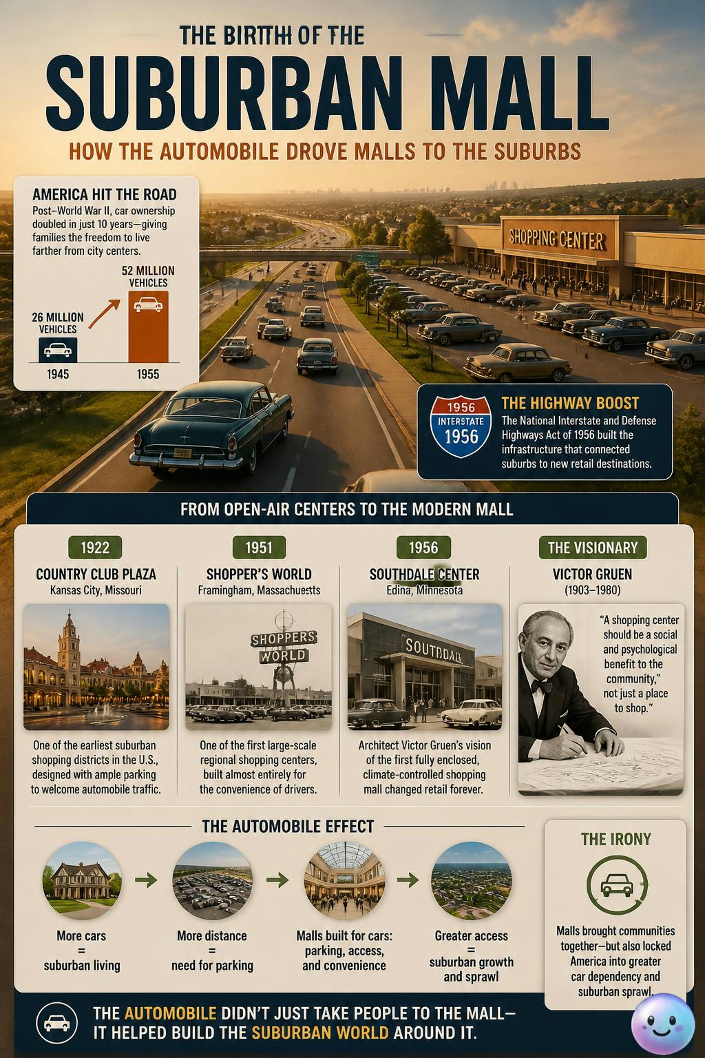 Cars actually dragged shopping out of downtowns to create the modern mall.