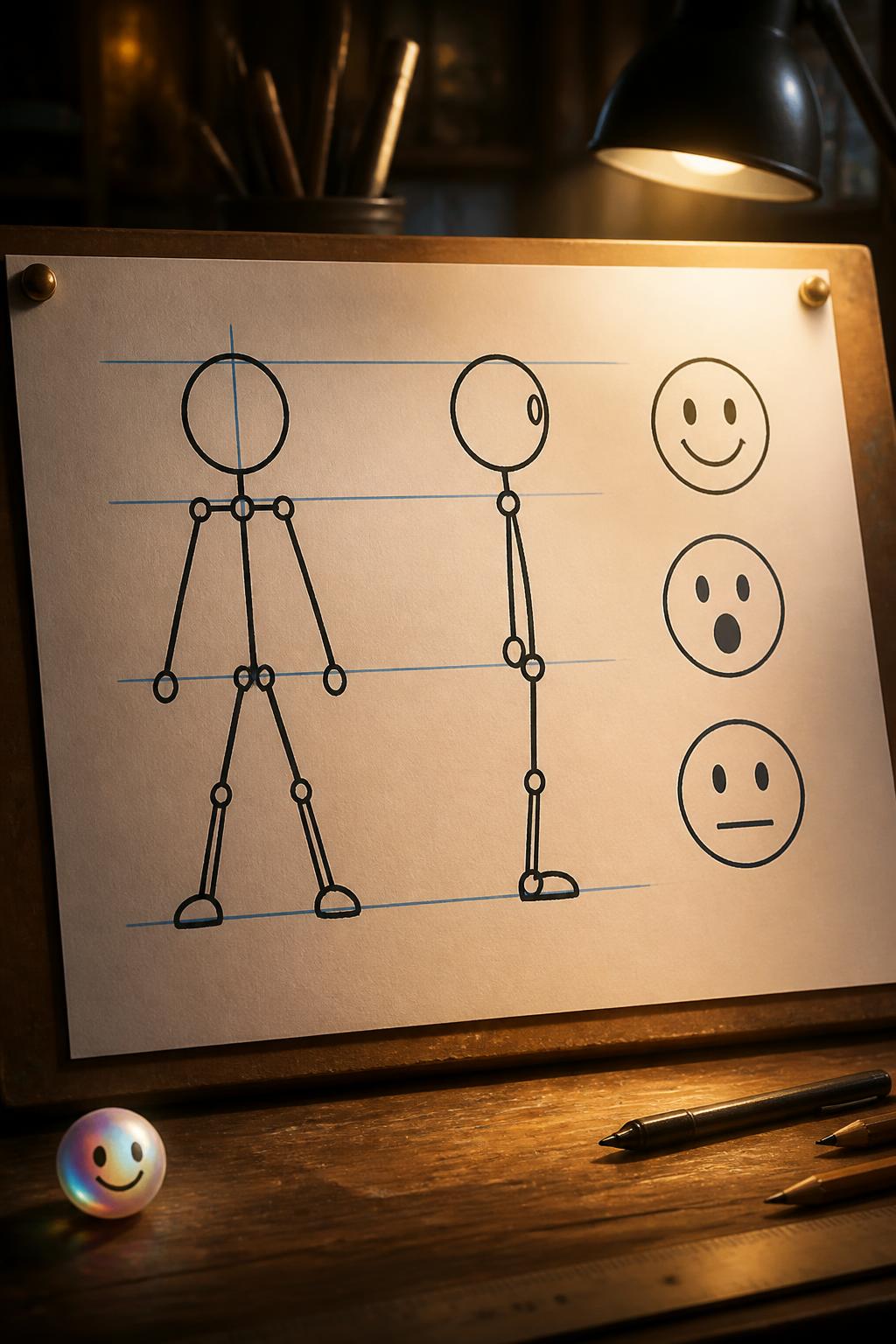 Identical spine lines and limb lengths make a drawn character look consistent from any angle.
