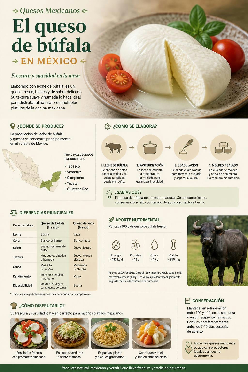 Me sorprendió aprender que el queso de búfala mexicano es sumamente suave.
