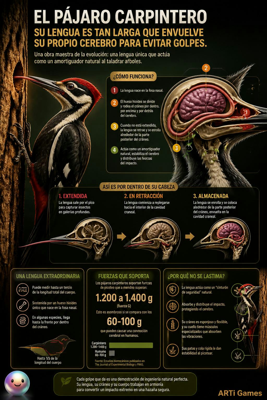 El **pájaro carpintero** posee esta asombrosa lengua que nace en su fosa nasal, rodea todo su **cráneo** por dentro y actúa como un amortiguador para que su cerebro no sufra daños al taladrar los árbo (sobre: Su lengua es tan larga que envuelve su propio cerebro para evitar golpes.)