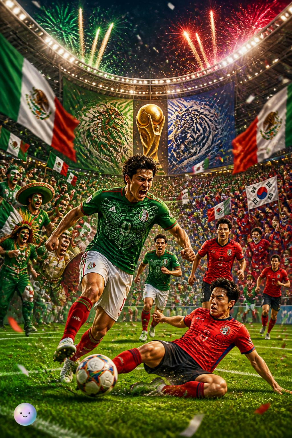 Crea una imagen del partido Korea vs mexico apoyando México