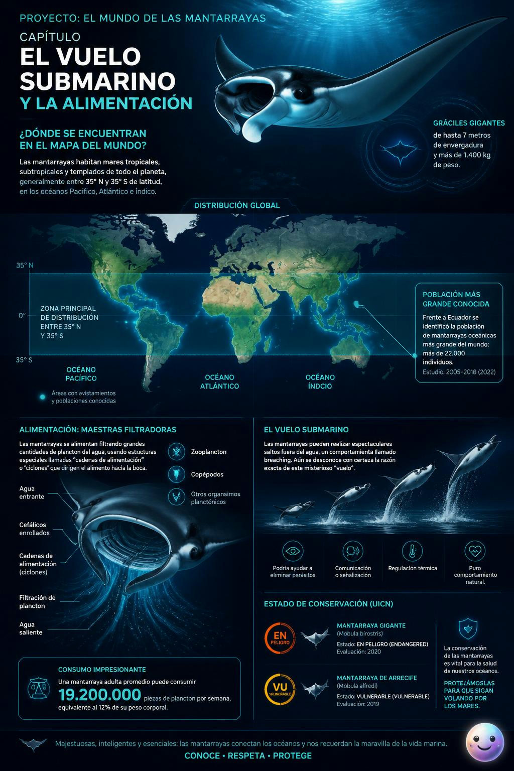 Estas gigantes vuelan bajo el agua para alimentarse por todo el planeta.