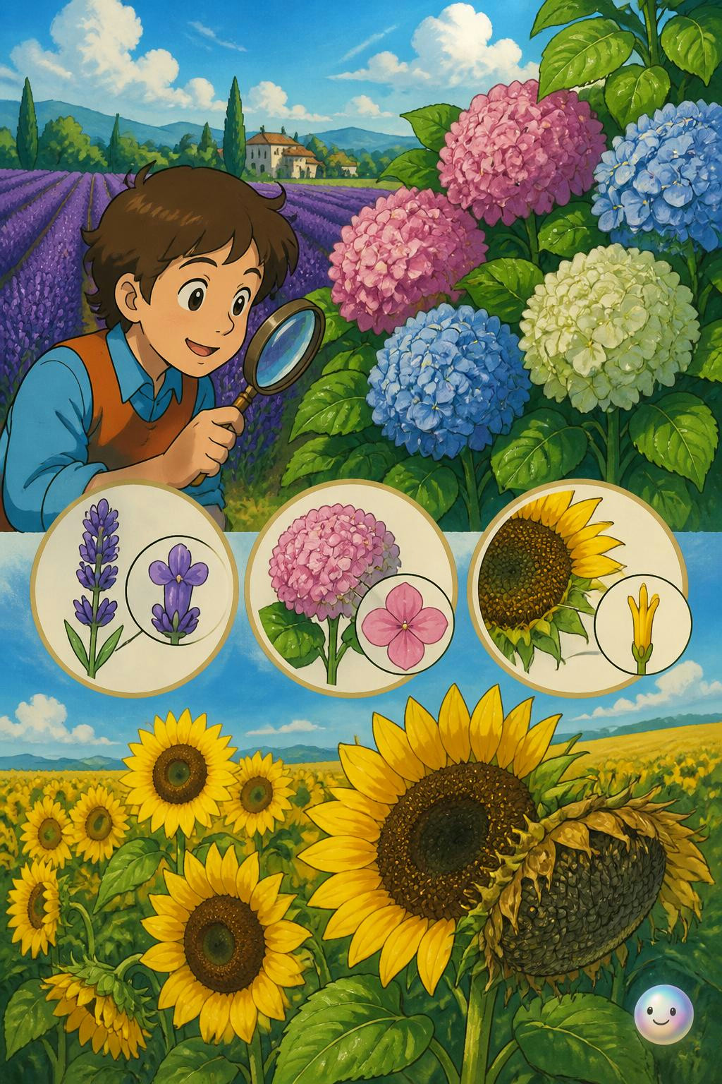 Las **inflorescencias** son agrupaciones de flores que crecen juntas sobre un mismo tallo, como ocurre en la lavanda o las hortensias. Aunque un girasol parece una sola flor gigante, en realidad es un