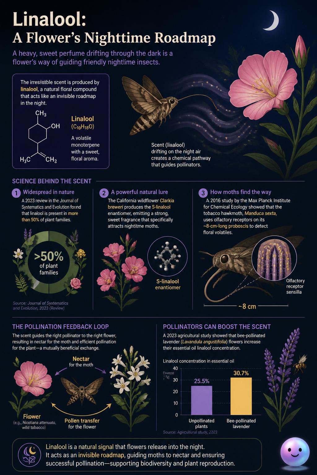 Flowers use linalool to paint invisible, scented roadmaps in the night.