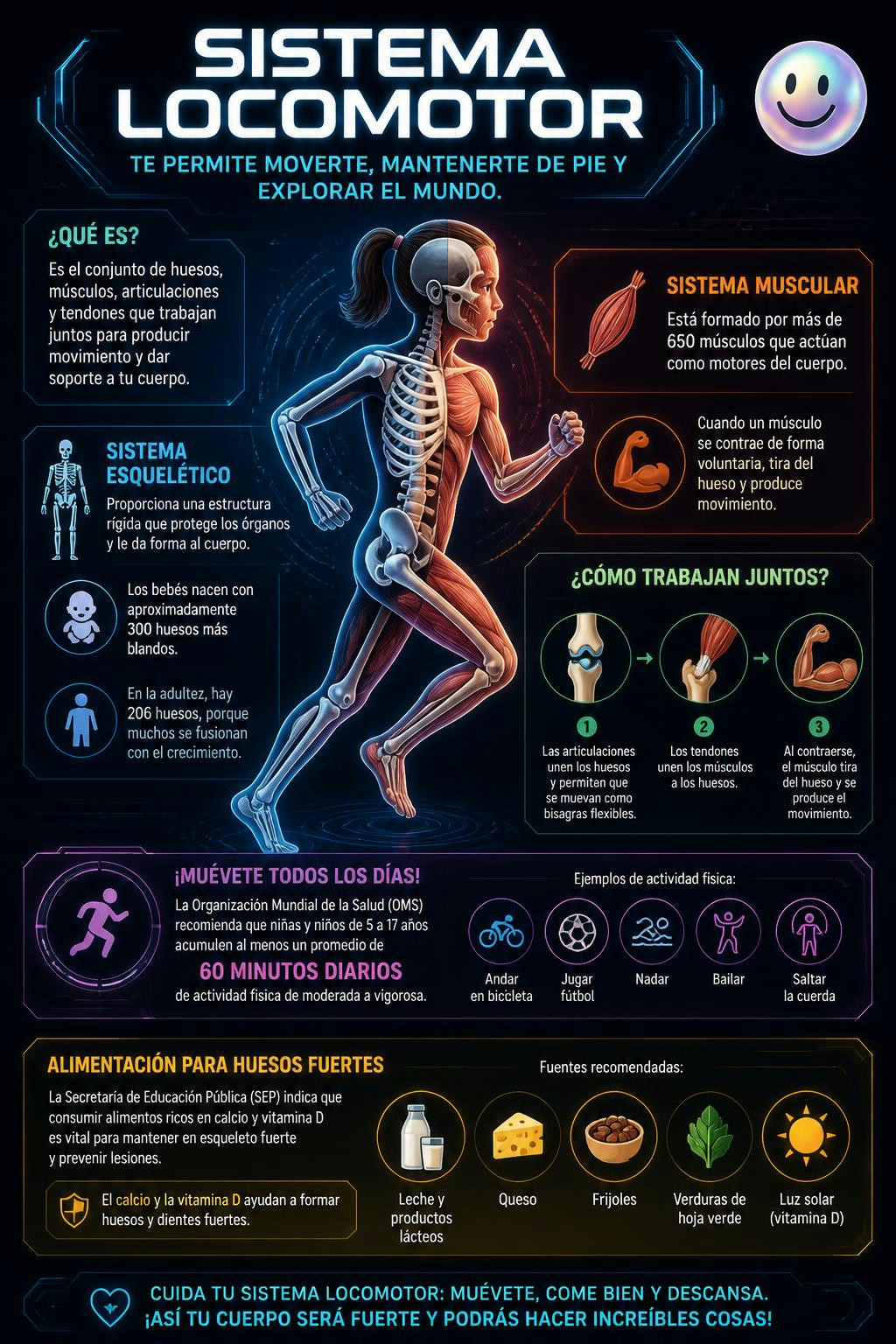 El sistema locomotor combina cientos de músculos y huesos para permitir todos nuestros movimientos diarios.