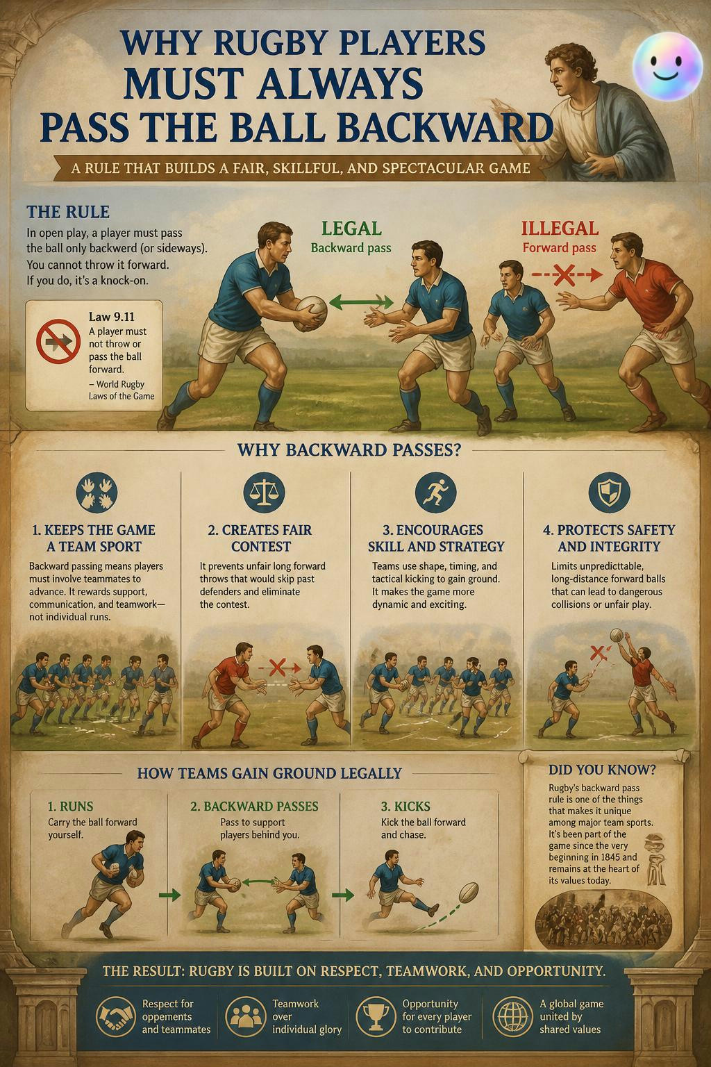 Rugby teams move forward by passing backward so no player gets left behind.