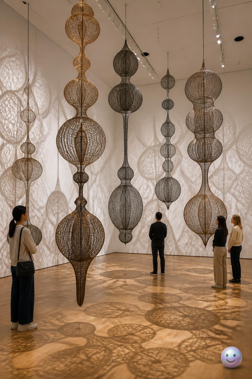 Ruth Asawa wove heavy metal wire into transparent sculptures that mimic drifting jellyfish.