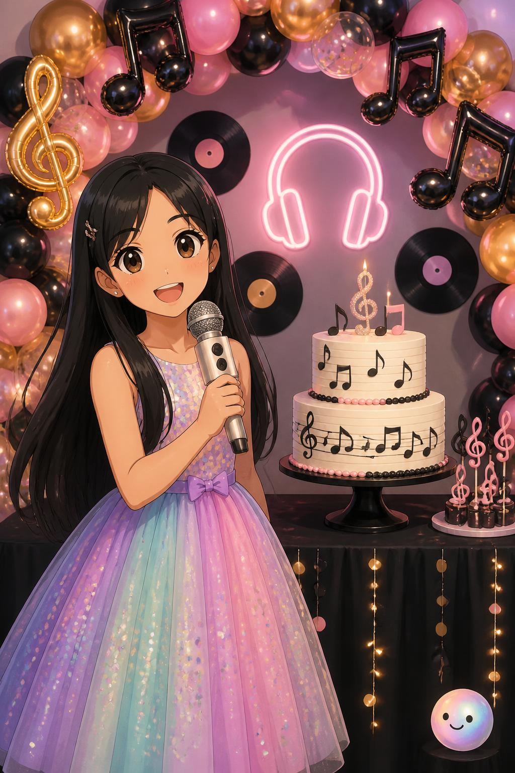 Anime art styles capture the magical rhythm of a ninth birthday celebration.