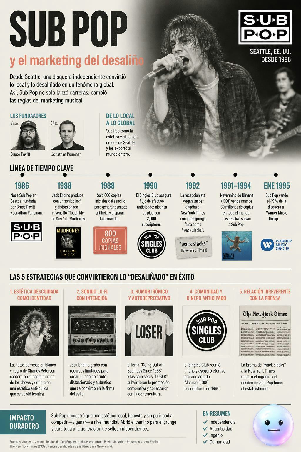 Sub Pop impulsó el grunge globalmente al vender una estética desaliñada creada en Seattle.