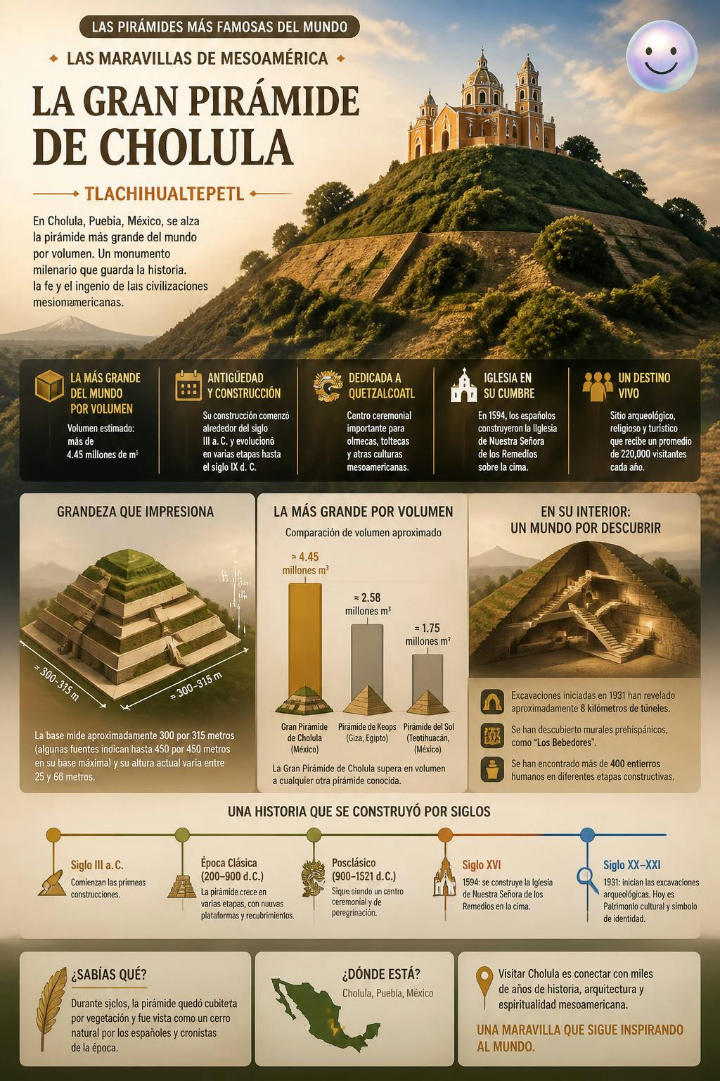 Ese cerro con una iglesia en Cholula es la pirámide más grande del mundo.