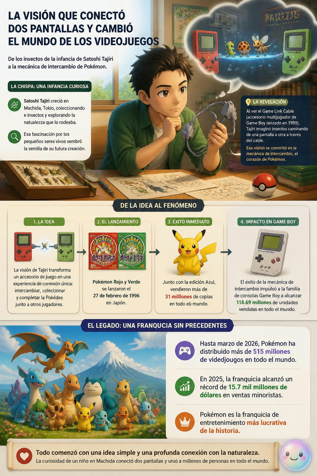 La infografía ilustra cómo la infancia de Satoshi Tajiri coleccionando insectos y su visión del Game Link Cable inspiraron la revolucionaria mecánica del intercambio de Pokémon.