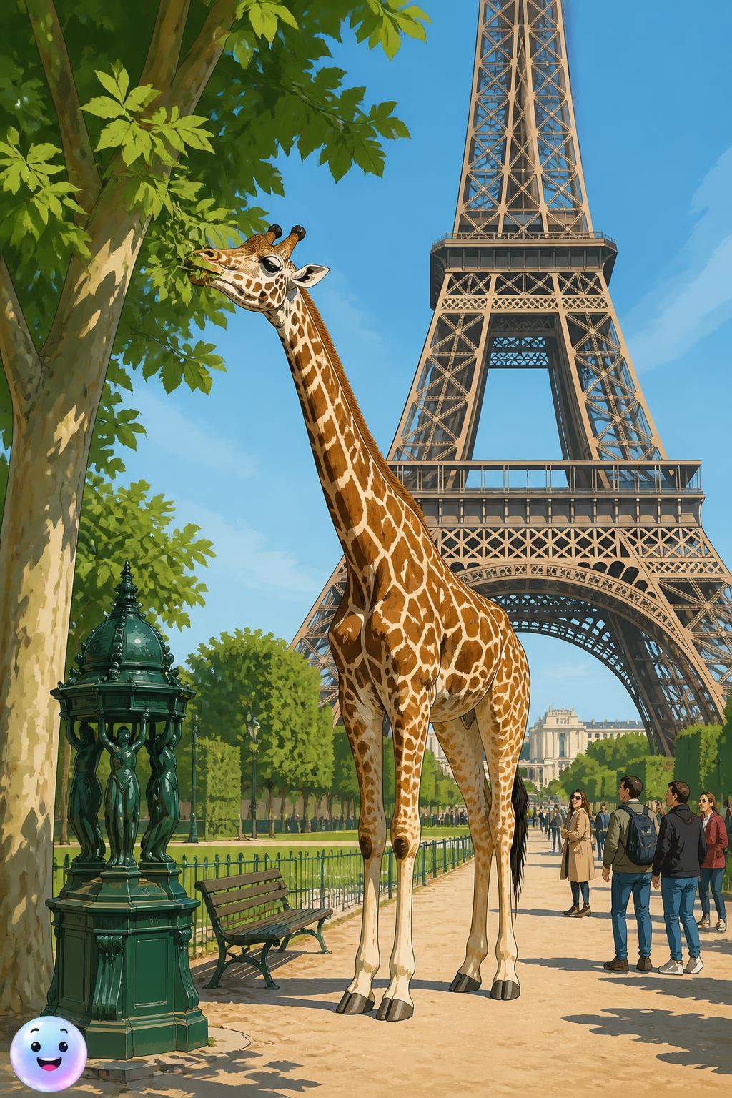 A giraffe's spotted coat surprisingly complements the complex ironwork of the Eiffel Tower.