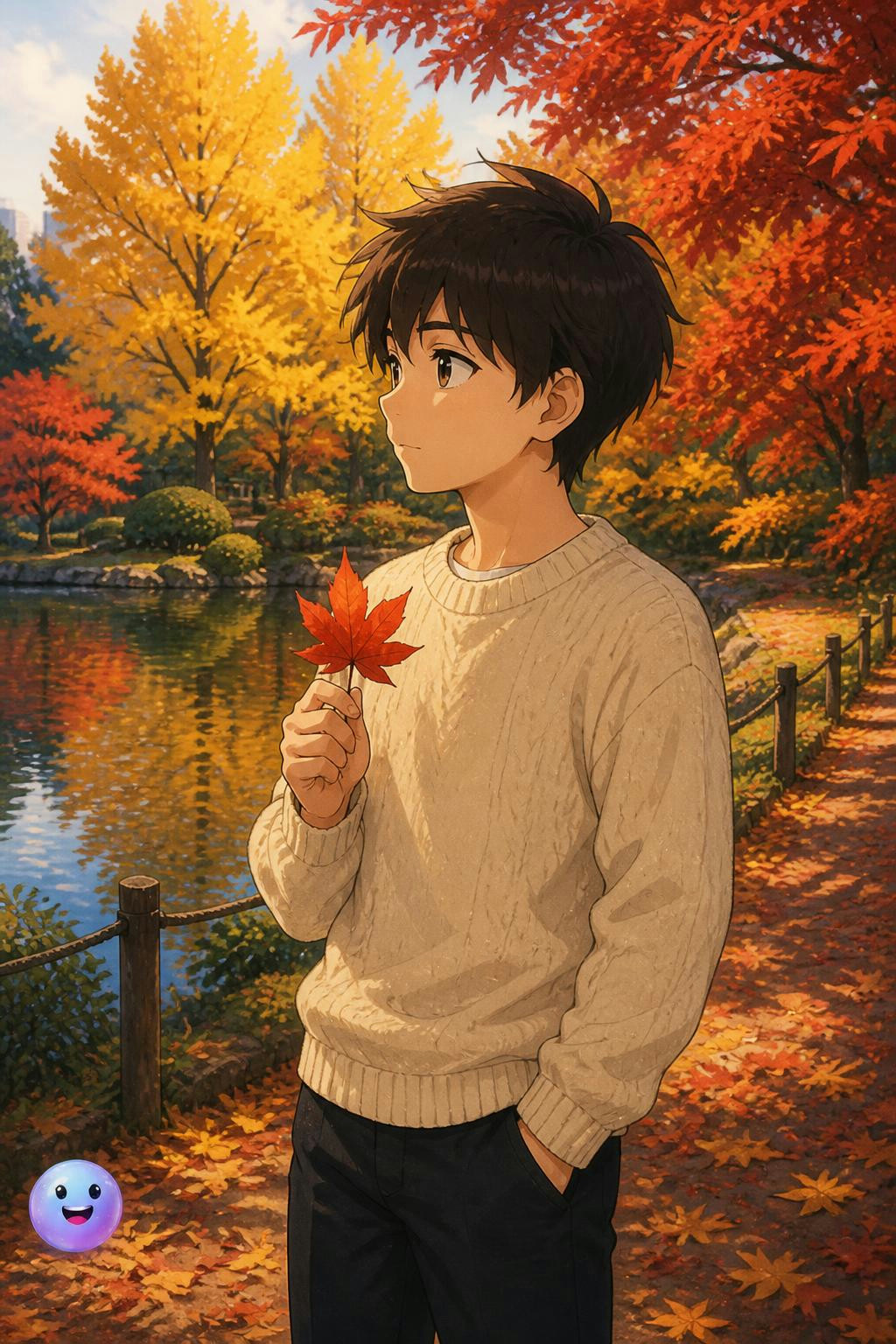 El estilo anime combina el otoño y la niñez para transmitir una profunda serenidad.