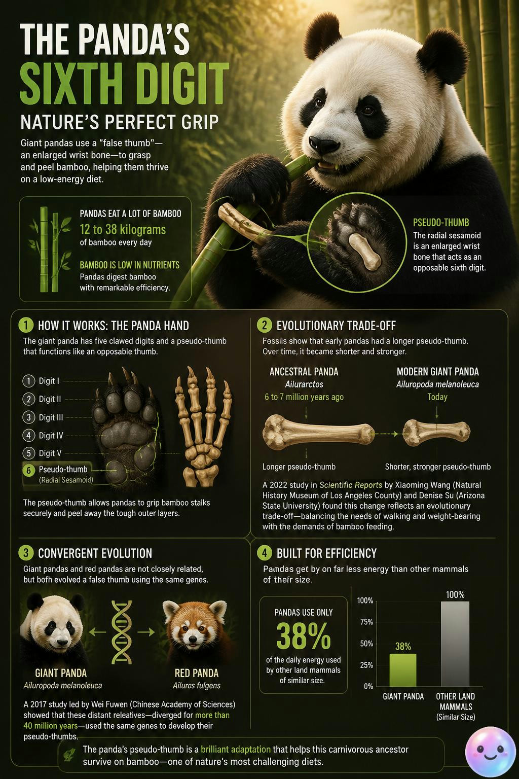 Pandas actually have a secret sixth finger made of wrist bone to hold bamboo.