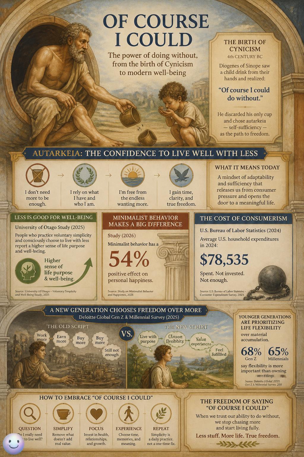 Watching Diogenes tricks our brain into believing we can easily survive with almost nothing.