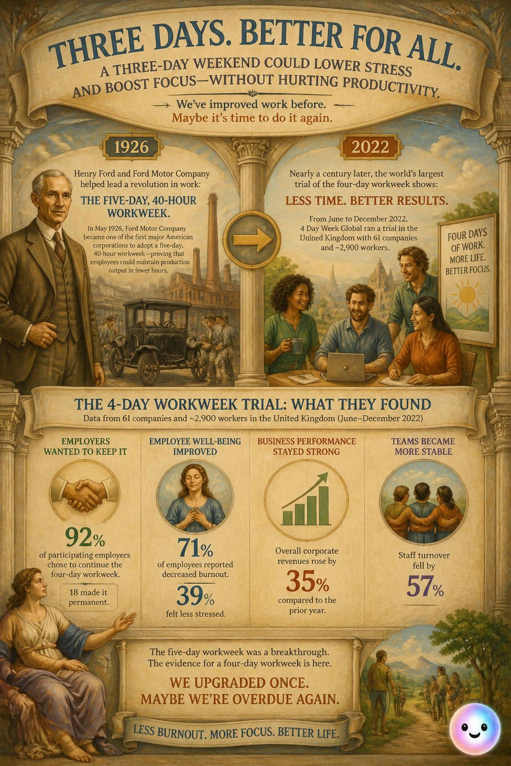 The evolution of the workweek, from ancient Babylon and Saint Monday to Henry Ford and modern four-day trials, demonstrates that increased rest reduces stress while maintaining or boosting productivity.