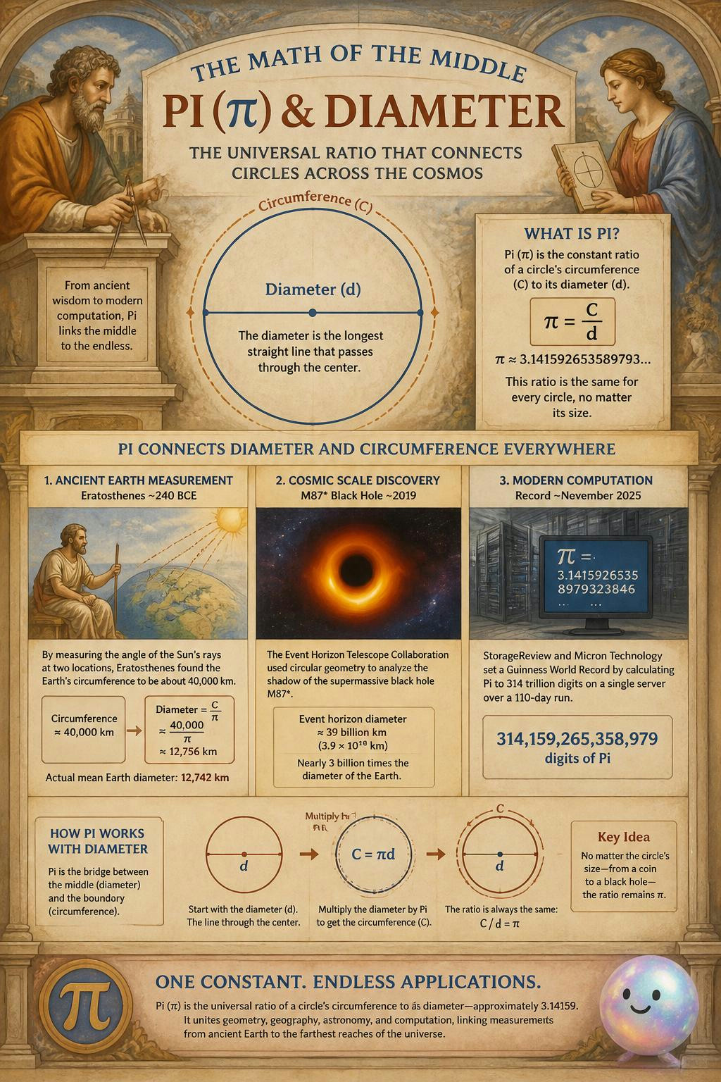 Every circle in the universe, from coins to planets, shares this exact ratio.