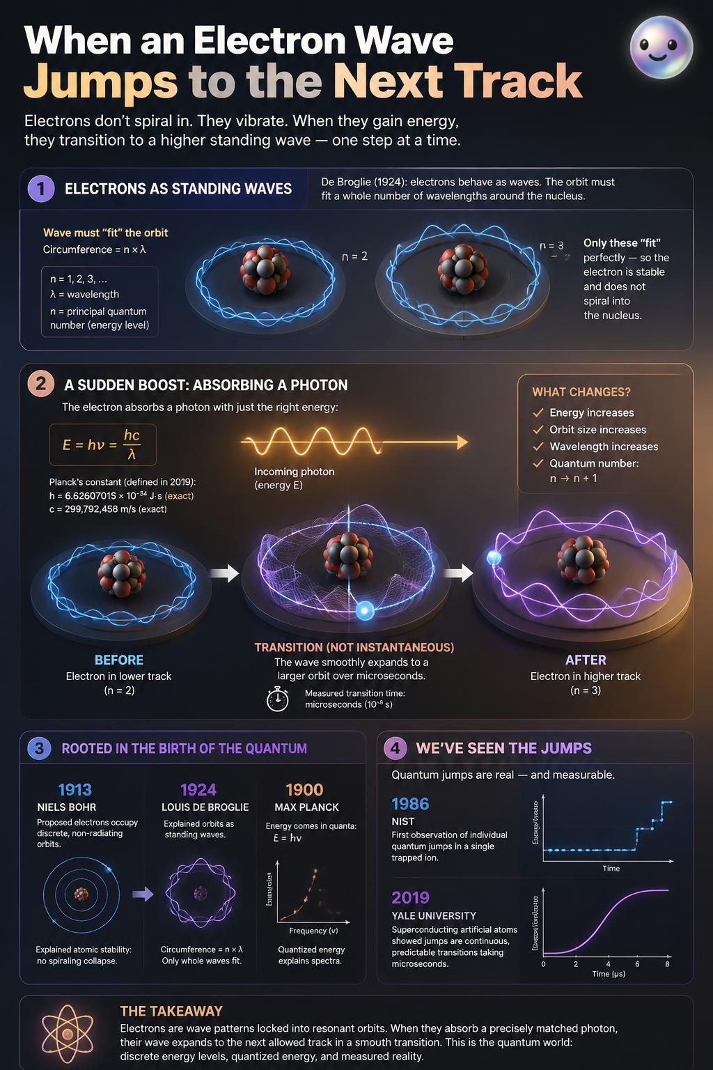 Energy boosts force vibrating electron waves to jump instantly between fixed tracks