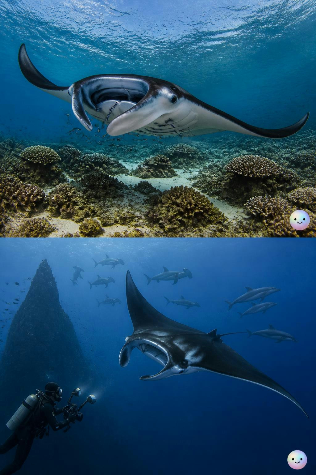Las mantas de arrecife prefieren su hogar costero mientras las gigantes viajan miles de kilómetros.