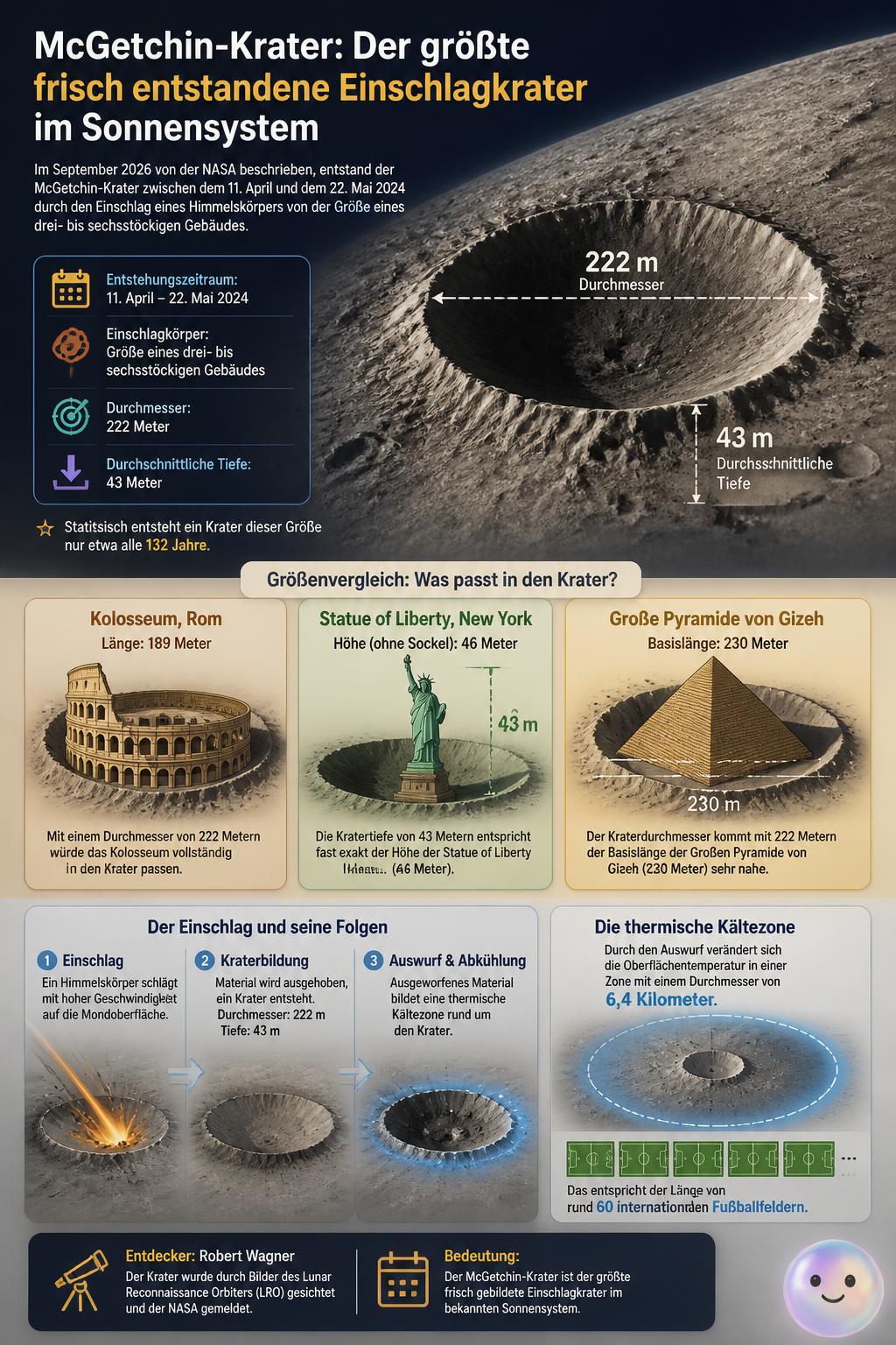 Der neu entdeckte, 222 Meter breite Mondkrater übertrifft bekannte Bauwerke der Erde an Größe.