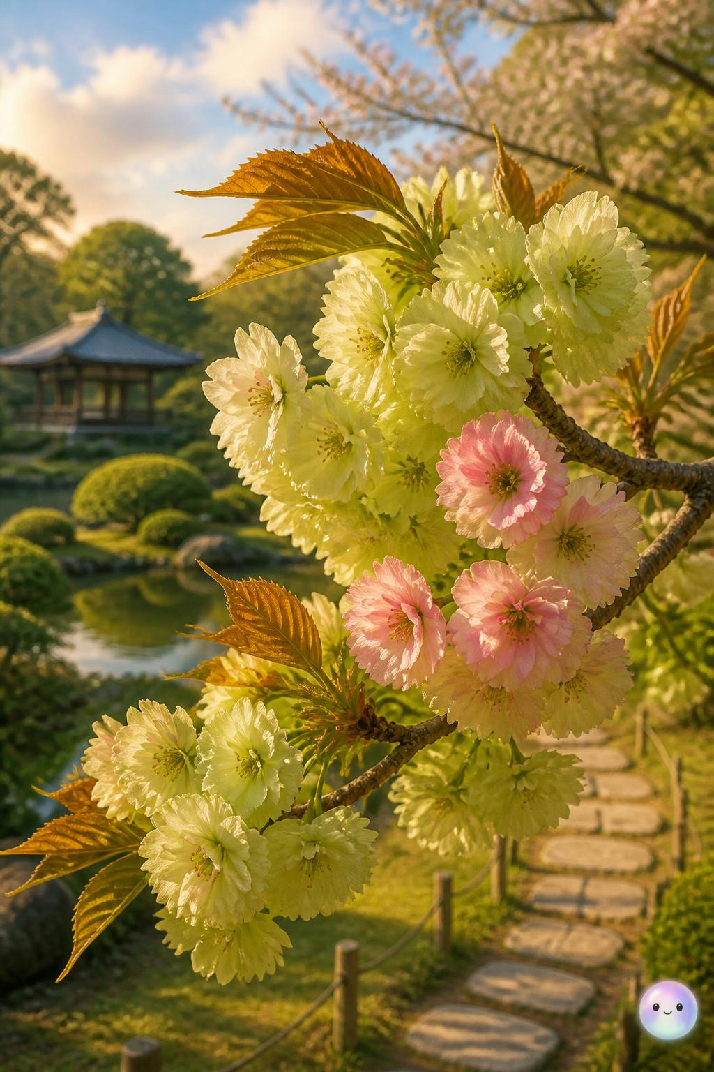 These rare Ukon cherry blossoms actually start yellow-green and age into pink.