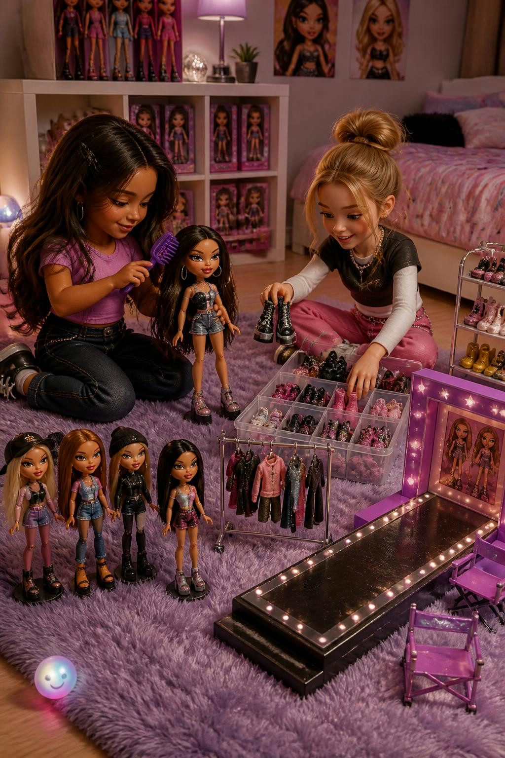 Las cuatro muñecas Bratz originales, Yasmin, Cloe, Sasha y Jade, juegan juntas con videojuegos en una habitación de juguete.