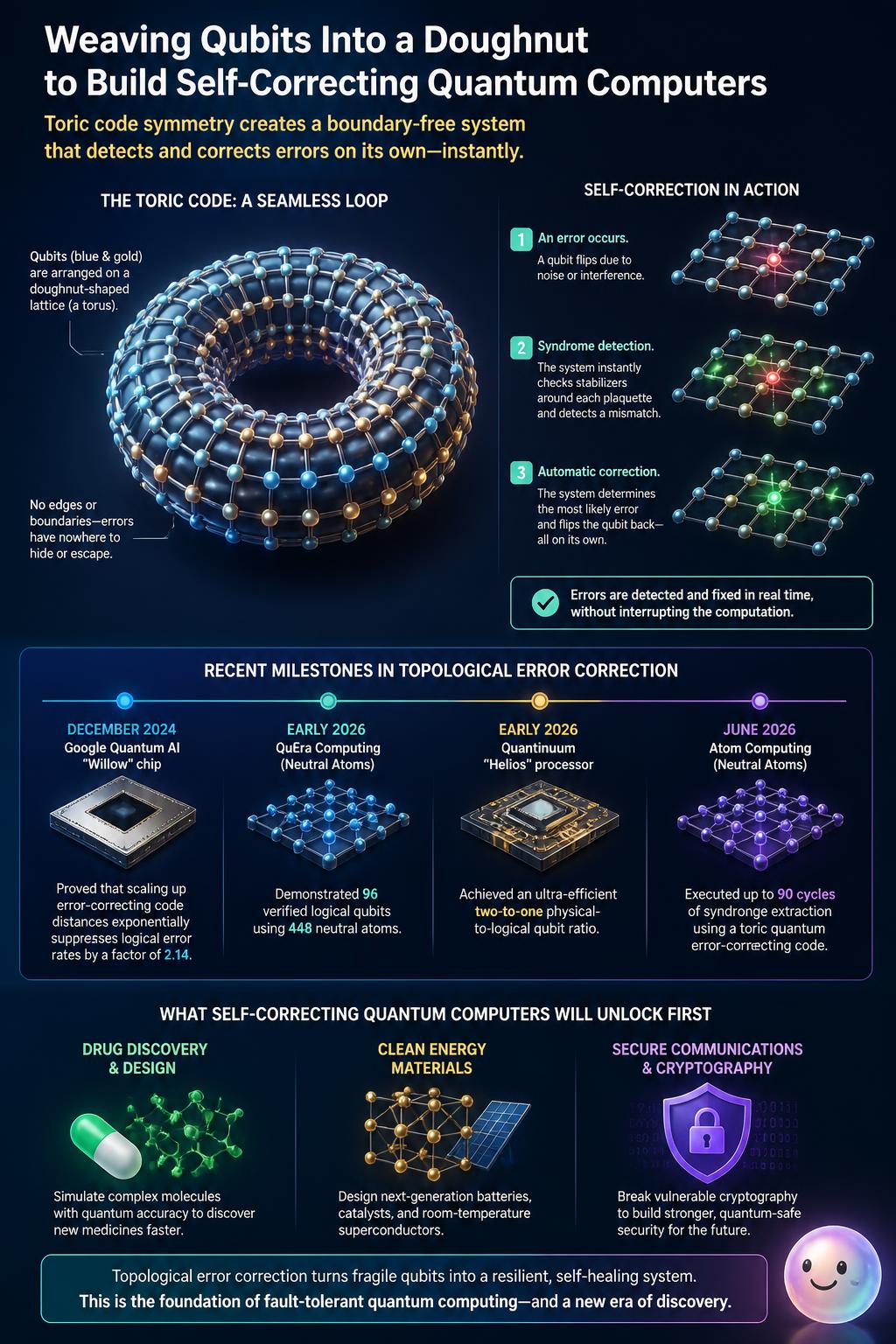 Weaving qubits into a doughnut shape allows quantum computers to instantly heal their own errors