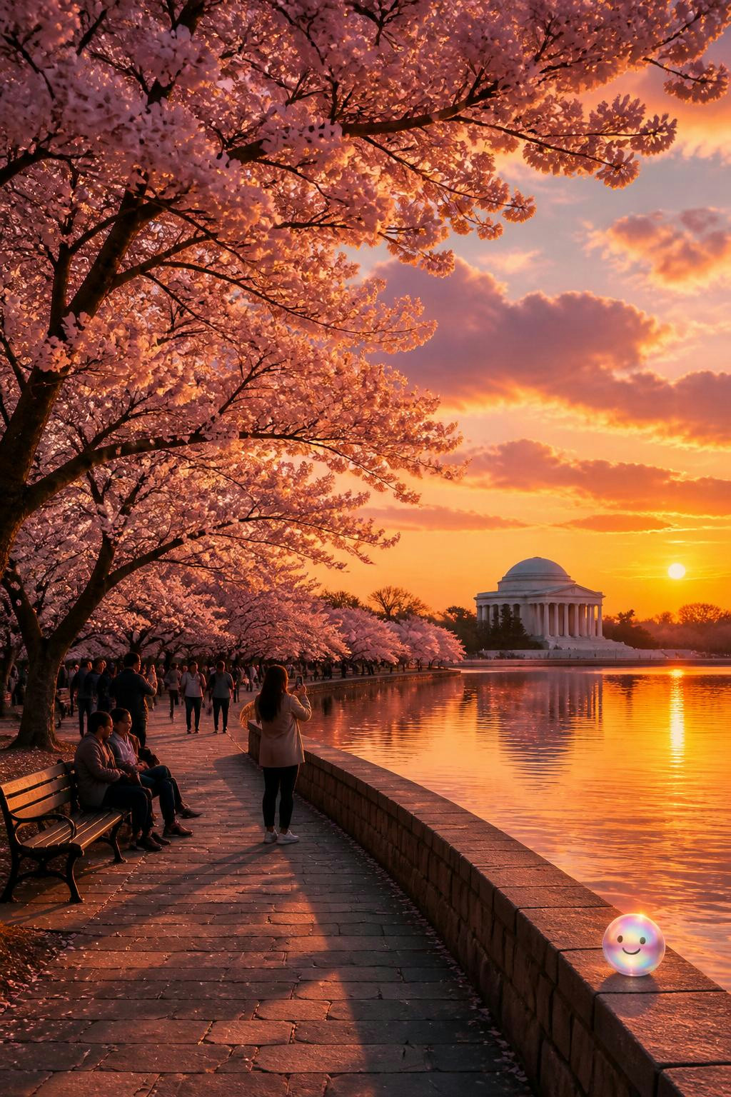 ¿Sabías que el reflejo del lago duplica la luz del atardecer en los cerezos?