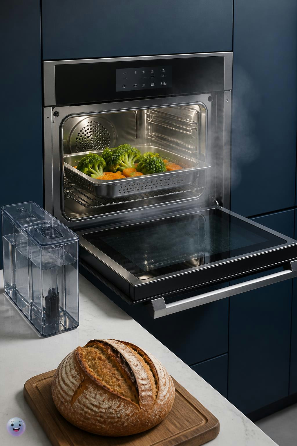 Steam ovens use a removable water reservoir to cook vegetables with gentle, moist heat.