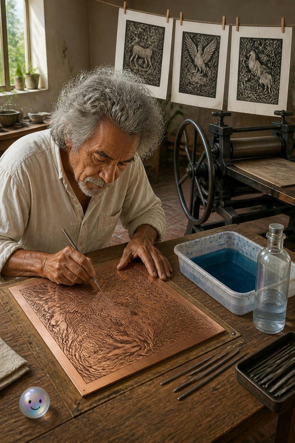 Artist Francisco Toledo used acid to etch incredibly fine, velvety details into metal.