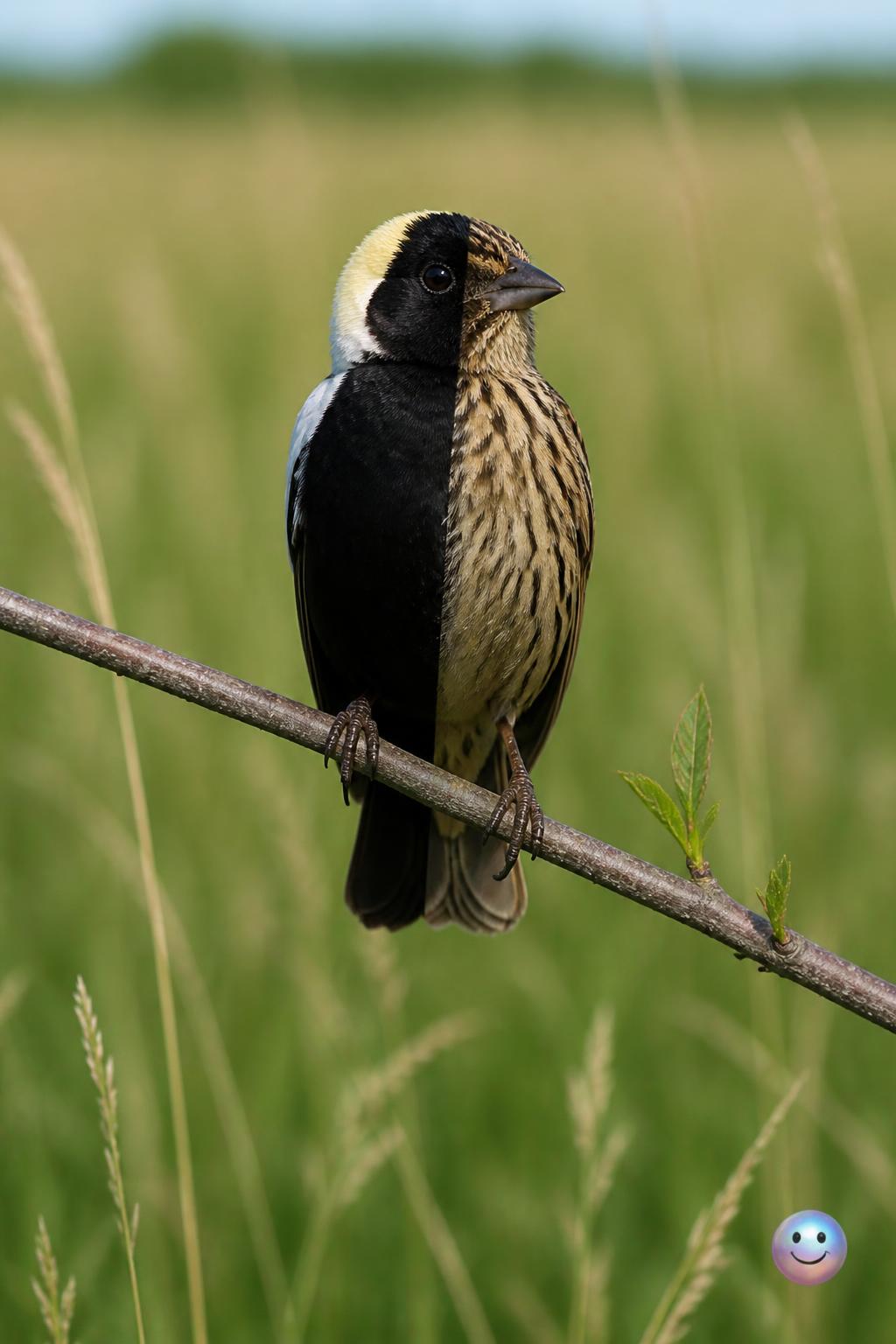 Ein Vogel, zwei Welten: In den USA wurde ein seltener Reisstärling gesichtet, der genetisch genau zur Hälfte männlich und zur Hälfte weiblich ist – perfekt in der Mitte aufgeteilt.