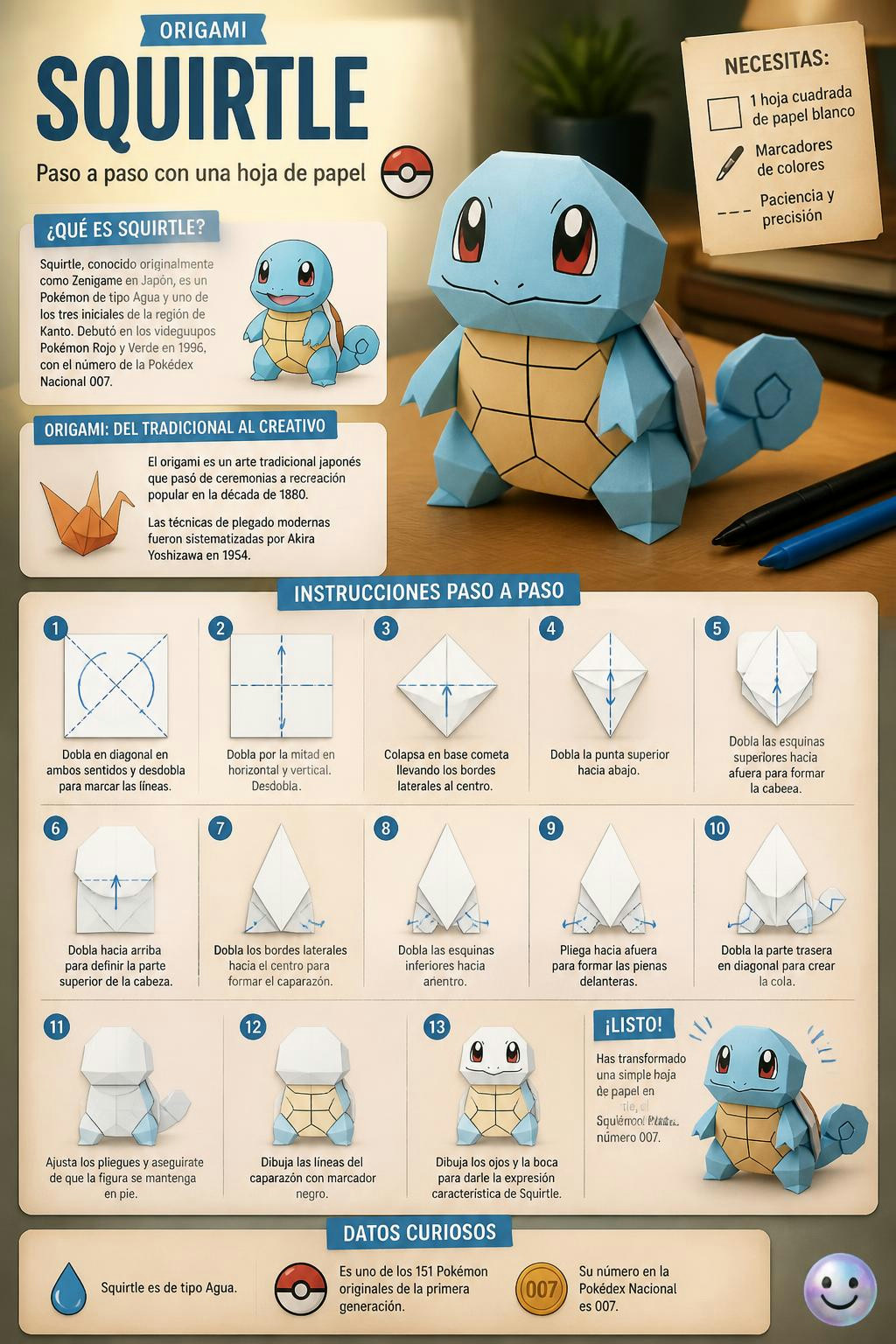 Una simple hoja de papel blanco esconde un Squirtle si sabes cómo doblarla.