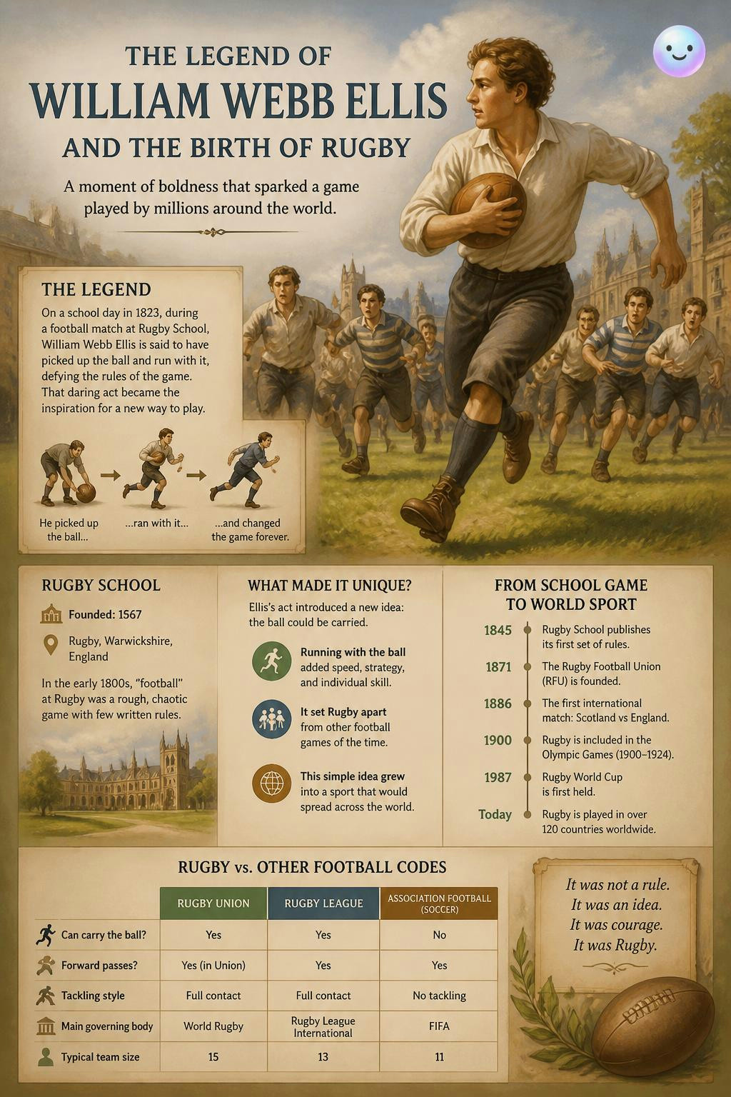 Rugby was born when one student ignored the rules and ran with the ball.