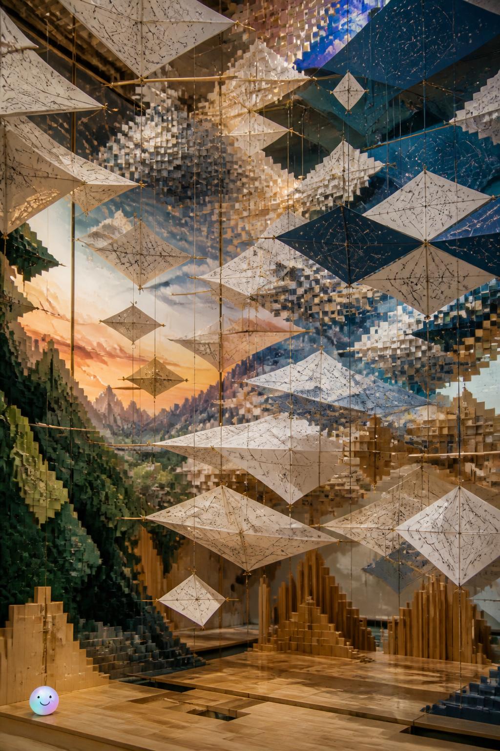 Those suspended paper kites are actually arranged to mimic 3D star maps.
