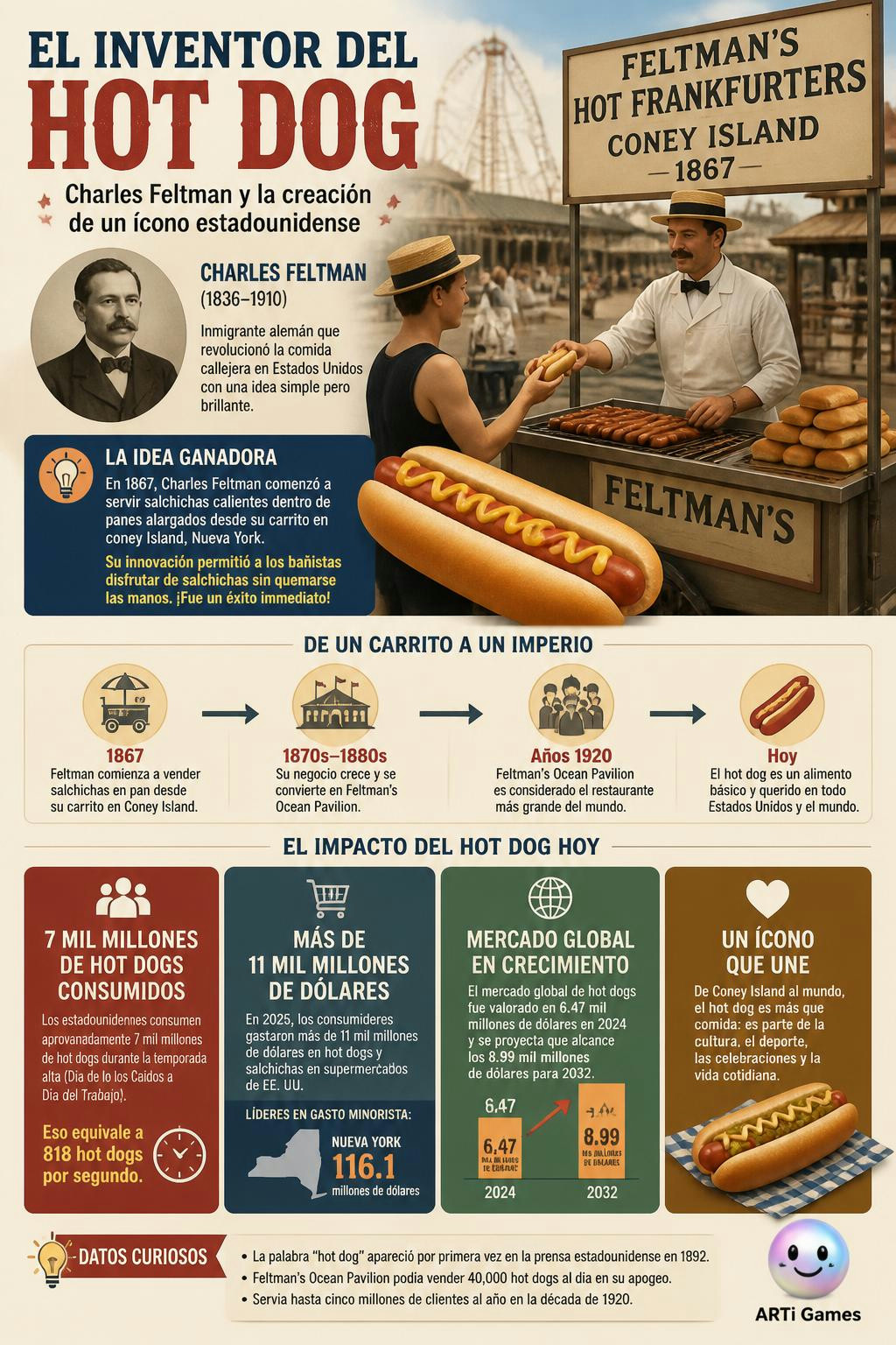 El inventor **Charles Feltman** creó el **hot dog** en 1867 para que los bañistas de la playa de Coney Island pudieran comer salchichas calientes sin quemarse las manos. ¡Su idea fue un éxito tan enor (sobre: El inmigrante alemán Charles Feltman inventó el hot dog en 1867 al servir salchichas calientes dentro de panes alargados desde su carrito de comida callejera en Coney Island, Nueva York.)
